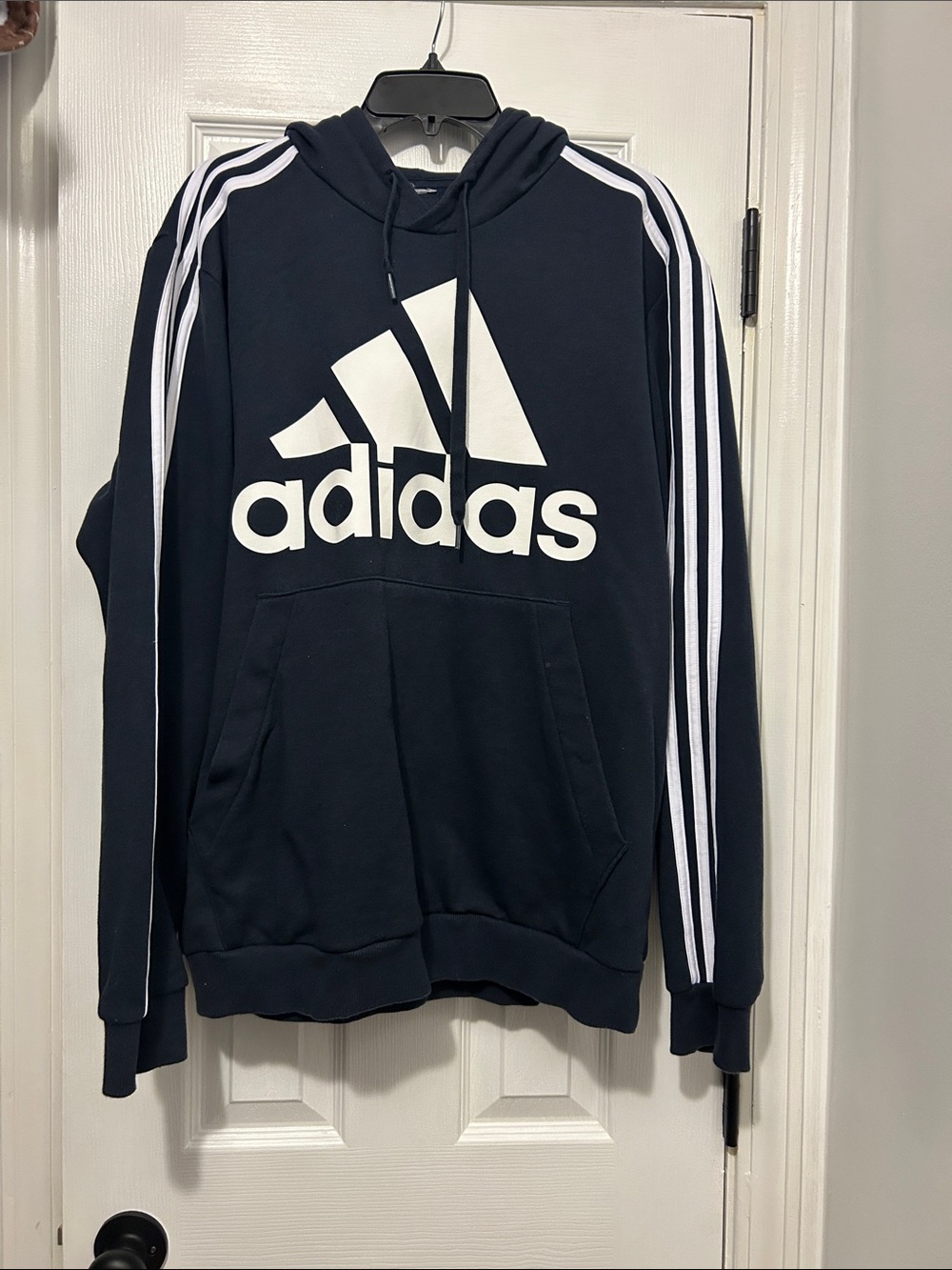 adidas Navy Hoodie with White Logo and Three Stripes